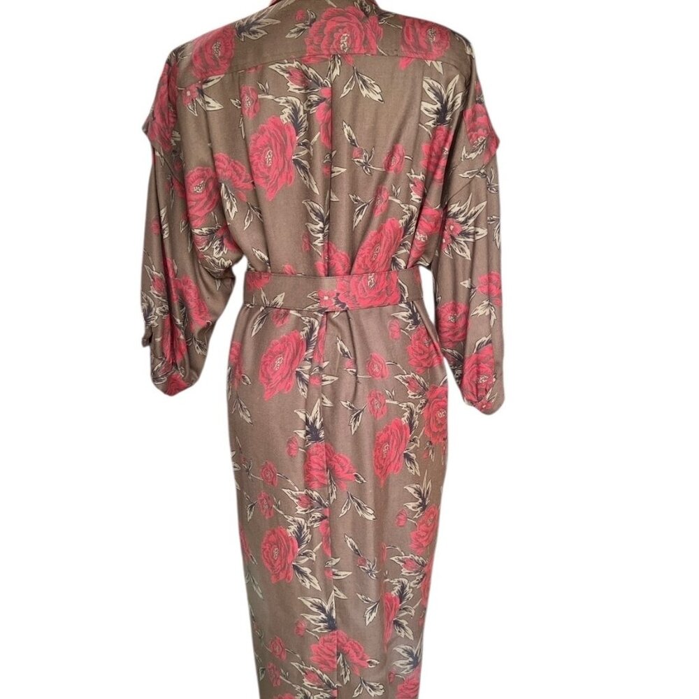 Rickie Freeman Teri Jon Belted 100% Wool Dress Women’s 14 Red Rose Print Brown - Picture 2 of 16